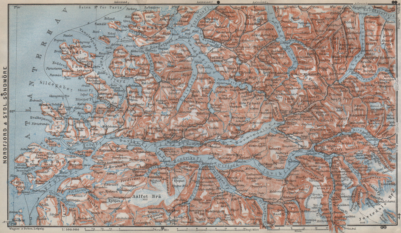 NORDFJORD & SOUTHERN SONDMERE/Sunnmøre topo-map. Gloppen Volda. Norway 1912